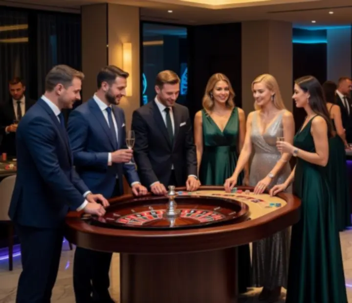 Elegancki event firmowy w stylu kasynowym z gośćmi przy stołach